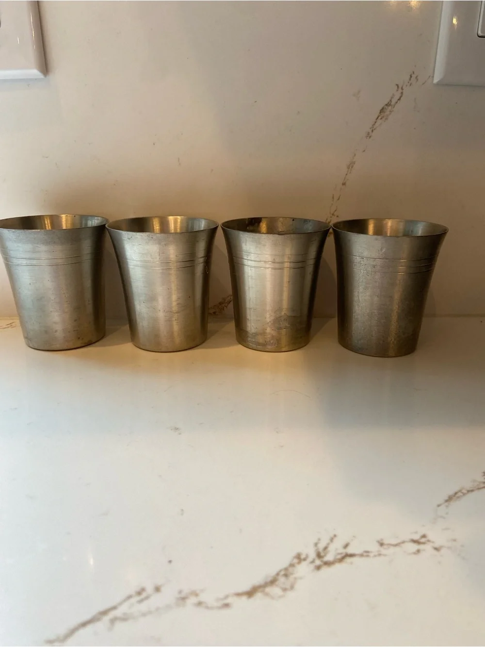 Vintage Pewter Cups Set Of (4)  Marked Old World Pewter 3” Cups Mid-century